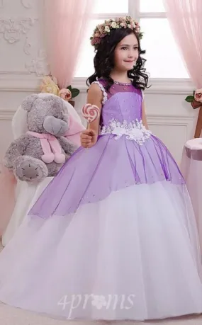 Lila Organza Satin Illusion Kurzarm Bodenlanges Ballkleid Kinder Ballkleid (FGD272)