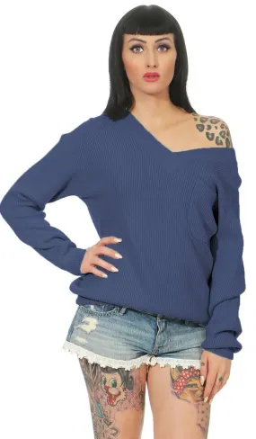 Warmer Rippstrick-Pullover mit V-Ausschnitt - acid blue